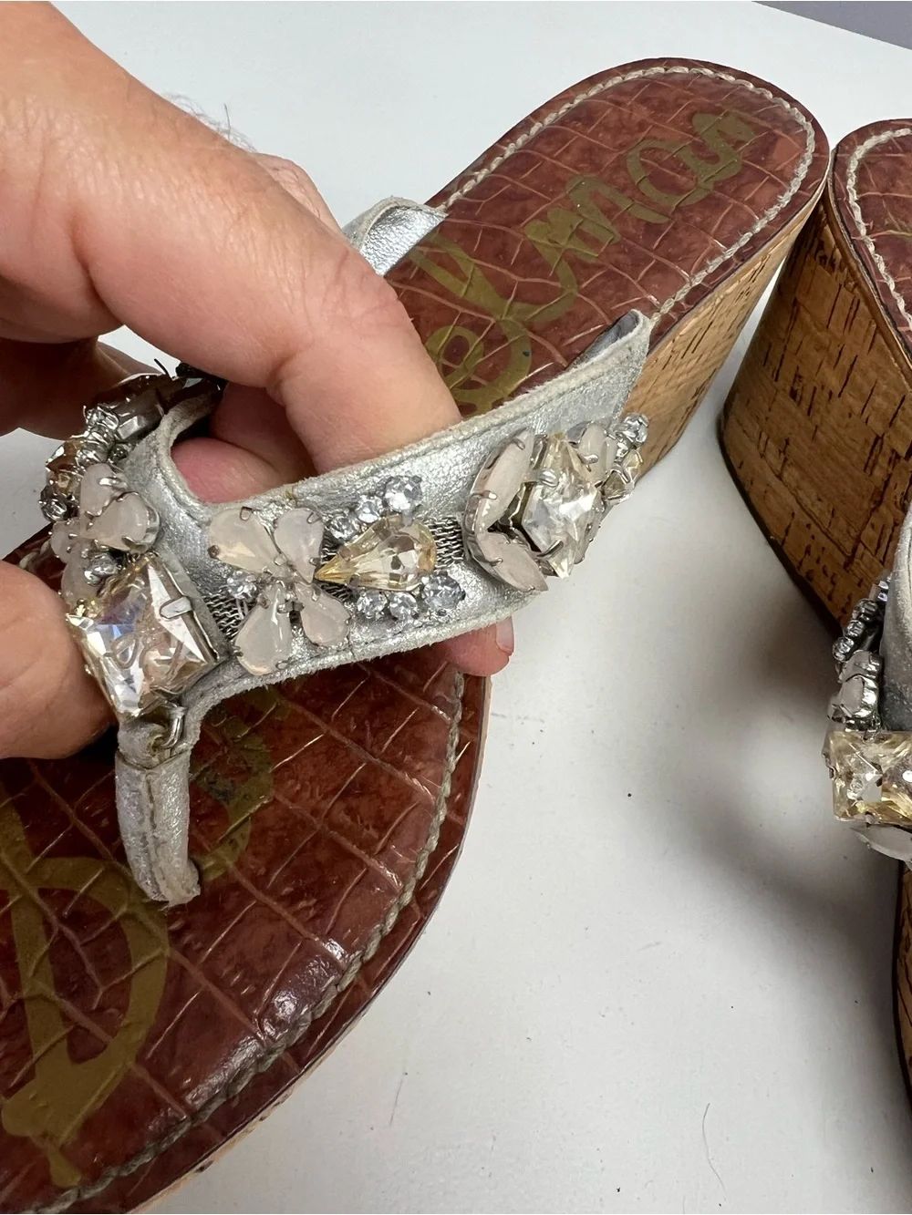 Sam Edelman Silver Jeweled Cork Wedge Thong Sandals Women’s 7.5